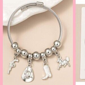 Stainless Steel Western Charm Horse Bracelet Silver-Tone NEW